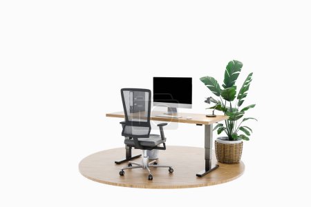 Foto de Un solo espacio de trabajo aislado en el podio con escritorio y planta ajustables; concepto de oficina independiente y en casa; Ilustración 3D - Imagen libre de derechos