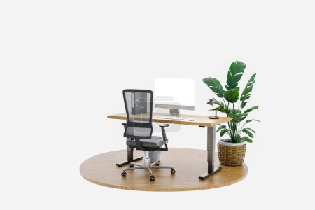 Foto de Espacio de trabajo aislado de la computadora en el podio de madera con monitor de pantalla ancha gigante; concepto independiente y de oficina en casa; Ilustración 3D - Imagen libre de derechos