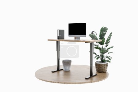Foto de Espacio de trabajo aislado de la computadora en el podio de madera con el escritorio de pie; concepto independiente y de la oficina casera; Ilustración 3D - Imagen libre de derechos