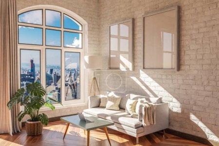 Photo for Luxurious loft apartment with window and panoramic view over urban downtown; noble interior living room design mock up; 3D Illustration - Royalty Free Image