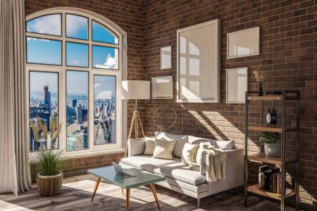luxurious loft apartment with window and panoramic view over urban downtown; noble interior living room design mock up; 3D Illustration