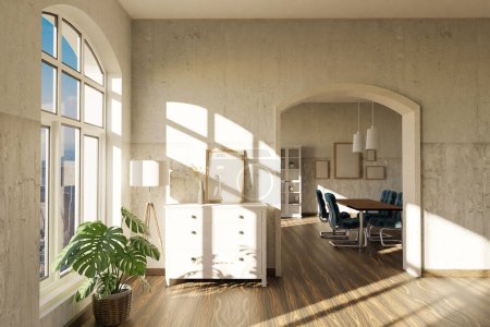 luxurious loft apartment with arched window and minimalistic interior living room design; 3D Illustration