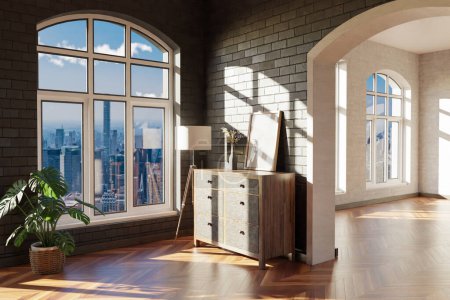luxuriöse Loft-Wohnung mit Fenster und minimalistischem Wohnzimmerdesign; 3D-Illustration