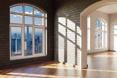 luxurious loft apartment with window and minimalistic interior living room design; 3D Illustration