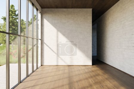Photo for Luxurious empty loft apartment window and minimalistic interior living room design; 3D Illustration - Royalty Free Image