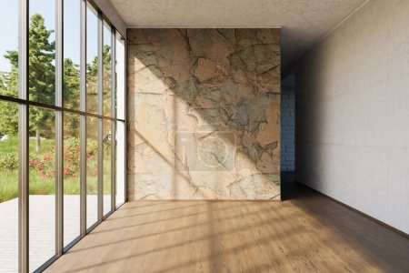 luxurious empty loft apartment window and minimalistic interior living room design; 3D Illustration