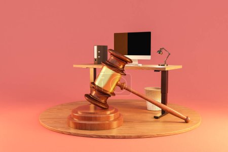 Foto de Gran juez martillo de pie en frente de la PC moderna espacio de trabajo de Internet en el escritorio; fondo infinito; representación 3D - Imagen libre de derechos