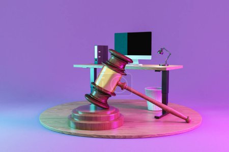 huge judge hammer standing in front of modern pc internet workspace on desk; infinite background; 3D rendering
