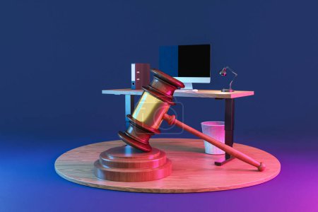 huge judge hammer standing in front of modern pc internet workspace on desk; infinite background; 3D rendering