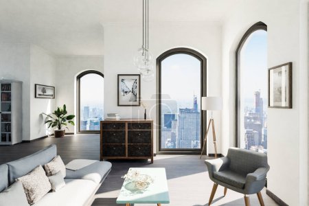 Téléchargez les photos : Luxueux appartement loft avec baies vitrées et vue panoramique ; design intérieur minimaliste du salon et de la salle à manger ; lumière du jour ; rendu 3D - en image libre de droit