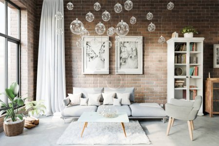luxuriöse Wohnung mit deckenhohen Fenstern und Panoramablick; moderne minimalistische Inneneinrichtung des Wohnbereichs; helles Tageslicht; 3D-Rendering