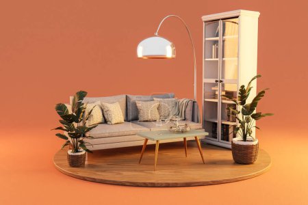 Téléchargez les photos : Design intérieur du salon isolé sur fond de podest et infini ; canapé et étagère ; rendu 3D - en image libre de droit
