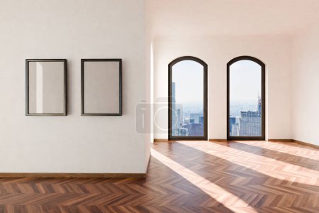Téléchargez les photos : Vue frontale sur un appartement loft luxueux vide avec baies vitrées et vue panoramique ; design intérieur moderne ; lumière du jour ; rendu 3D - en image libre de droit