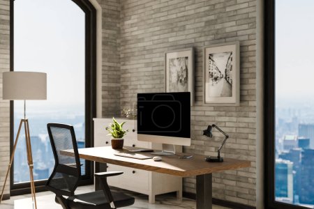 vista desde el ángulo en el lugar de trabajo de PC limpio moderno; monitor negro con espacio de copia; fondo de oficina minimalista con vista panorámica en el horizonte de la ciudad grande; concepto de oficina en casa digital; renderizado 3D