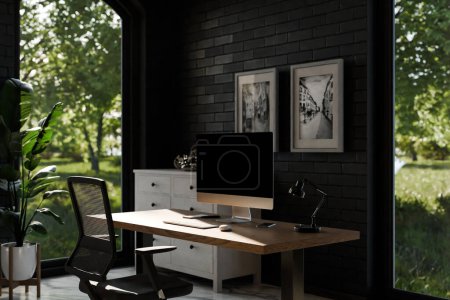 Blick aus dem Blickwinkel auf modernen sauberen PC-Arbeitsplatz; schwarzer Monitor mit Kopierraum; minimalistischer Bürohintergrund mit Panoramablick auf idyllischen Garten; Home-Office-Konzept; 3D-Rendering