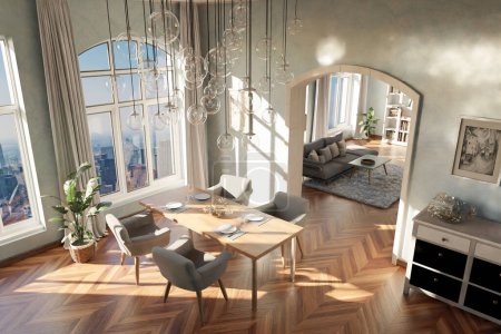 Esszimmer-Innenarchitektur; zeitgenössische luxuriöse Design-Ideen und -Konzepte; Glashängelampen an der Decke und Panoramablick auf die Skyline der Stadt; 3D-Rendering