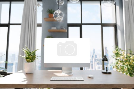 frontal view on modern pc workplace; white monitor with copy space; minimalist office background with panoramic view on idyllic garden; digital home office concept; 3D rendering