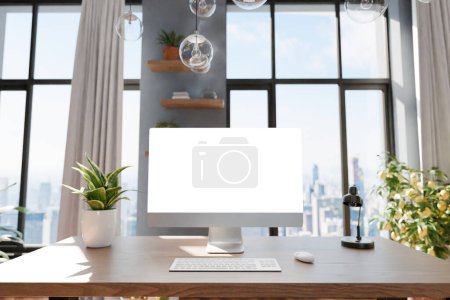 frontal view on modern pc workplace; white monitor with copy space; minimalist office background with panoramic view on idyllic garden; digital home office concept; 3D rendering