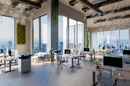 innovative open space office with tech industry workplaces and greenery; environment friendly contemporary building; 3D rendering