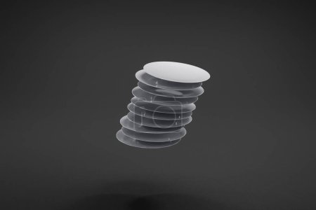 Téléchargez les photos : Pile de vaisselle tombant sur une surface propre, isolée sur un fond infini ; rednering 3D - en image libre de droit