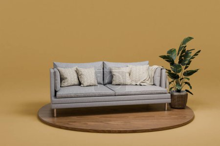 Gemütliche Couch mit grüner Zimmerpflanze auf Podest, isoliert auf unendlichem Hintergrund; 3D-Rötung