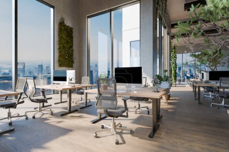 Großes Großraumbüro mit Arbeitsplätzen in der Tech-Industrie und viel Grün; umweltfreundliches modernes Gebäude; 3D-Rendering