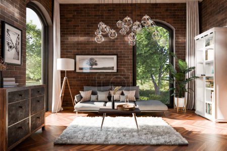 luxuriöse Loft-Wohnung mit deckenhohen Fenstern und Panoramablick; minimalistische Innengestaltung des Wohnbereichs; helles Tageslicht; 3D-Rendering