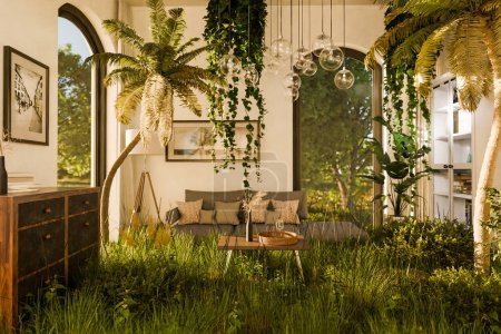 loft apartment with jungle palmtree environment growing indoor; augmented reality concept; realistic immersive nature experience; bright daylight; 3D rendering