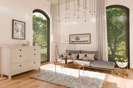 luxuriöse Loft-Wohnung mit deckenhohen Fenstern und Panoramablick; modernes Interieur des Wohnbereichs; helles Tageslicht; 3D-Rendering