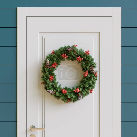Christmas wreath on white doors. Christmas decoration. 3D render.