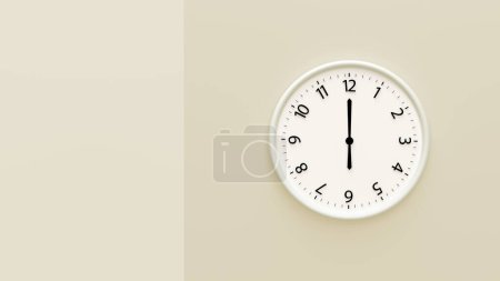 White clock on pastel color background. White wall clock hanging on the wall. Minimalist flat lay image of plastic wall clock over color background. Time Concept. Copy space. 6 o'clock
