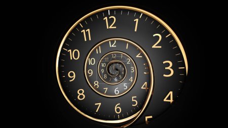 Unendliche Zeit. Goldene alte Modeuhr mit Ziffern Abstrakte Zeitspirale Wirkung. Digital generiert Ein Bild einer schönen Spiraluhr auf dunklem Hintergrund. Konzept der Zeit, Retro-Stil. Vintage Uhrwerk Hintergrund. 