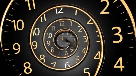 Unendliche Zeit. Goldene alte Modeuhr mit Ziffern Abstrakte Zeitspirale Wirkung. Digital generiert Ein Bild einer schönen Spiraluhr auf dunklem Hintergrund. Konzept der Zeit, Retro-Stil. Vintage Uhrwerk Hintergrund. 