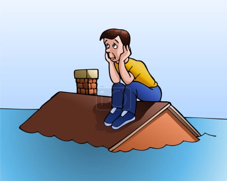 illustration of a man sitting on the roof of a house that is being hit by a natural flood disaster on isolated white background