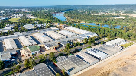 Drone aerial photograph of industrial buildings and surroundings in the Nepean Business Park in the greater Sydney suburb of Penrith in New South Wales in Australia