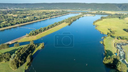 Drone aerial photograph of the scenic and popular sporting and recreational facility at the Sydney International Regatta Centre located on Penrith Lakes in New South Wales in Australia