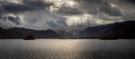 Derwentwater panorama, with dark clouds, Keswick The Lake District Cumbria UK