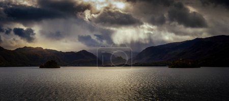 Derwentwater panorama, with dark clouds, Keswick The Lake District Cumbria UK