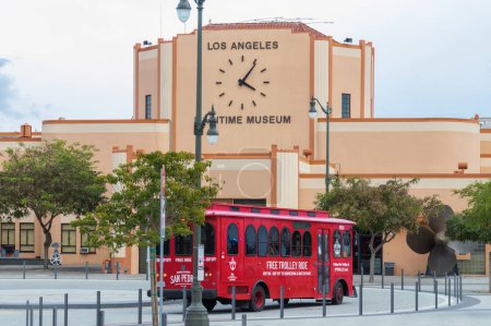 Photo for San Pedro, California, United States - February 12, 2023: trolley shown in front of Los Angeles Maritime Museum. - Royalty Free Image