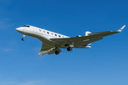 Photo for Burbank, California, United States - April 4, 2023: Gulfstream G-650 with registration N451CS shown moments before landing at Hollywood Burbank Airport. - Royalty Free Image