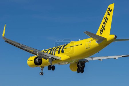 Photo for Burbank, California, United States - April 4, 2023: Spirit Airlines Airbus A320 with registration N923NK shown approaching Hollywood Burbunk Airport for landing. - Royalty Free Image