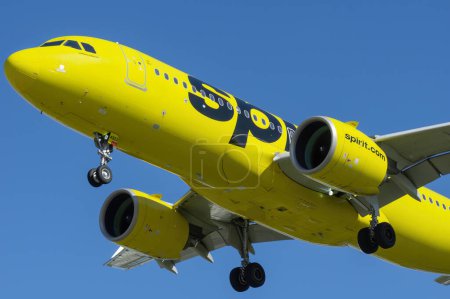 Photo for Spirit Airlines Airbus jet shown on final approach at Hollywood Burbank International Airport. - Royalty Free Image