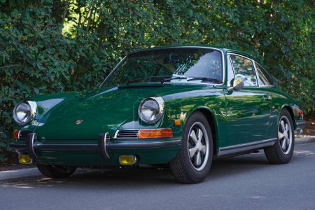Photo for San Marino, California, United States, August 27, 2023: green, classic Porsche car shown parked. - Royalty Free Image