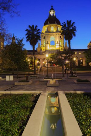 Photo for Pasadena City Hall shown from Plaza Las Fuentes during the blue hour. The City of Pasadena is located in Los Angeles County, California, United States. - Royalty Free Image