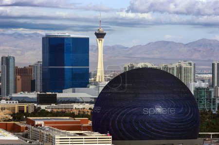 Photo for Las Vegas, Nevada, United States, December 21, 2023: Las Vegas cityscape in the morning, looking north, including the Sphere, Strat Tower, and Fontainebleau Las Vegas. - Royalty Free Image