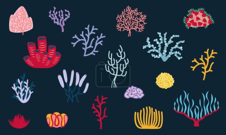 Set of different corals in flat style. Beautiful design elements.