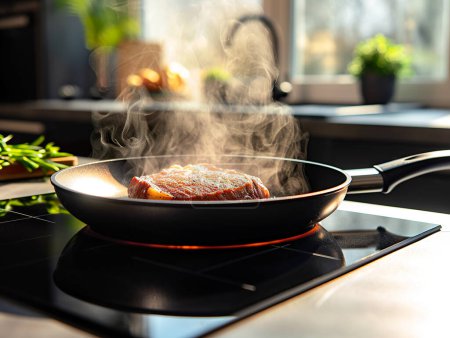 Téléchargez les photos : Main d'un chef gastronomique avec pinces tournant un morceau de viande dans une casserole sur une plaque vitrocéramique avec contrôle tactile. - en image libre de droit