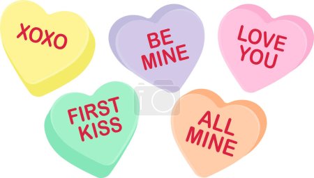 Téléchargez les illustrations : Candy heart sayings, sweethearts, valentines day sweets, sugar food message of love on seasonal holiday, hugs and kisses, be mine, valentine graphic design clip art, pastel bundle set white background - en licence libre de droit