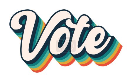 Illustration for Vote graphic, rainbow voting retro font, president election, political democracy, design font stripe effect, blue green yellow red vintage style lettering, voting democrat republican libertarian - Royalty Free Image
