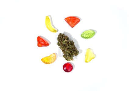 Foto de Un capullo seco de marihuana yace sobre un fondo blanco rodeado de caramelos masticables de varias formas y colores sobre un fondo blanco. Vista superior, mucho espacio vacío - Imagen libre de derechos